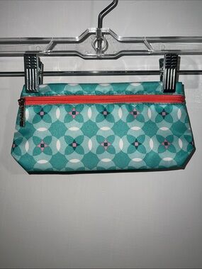 Clinique Teal Geometric Zip Pouch with Coral Accent